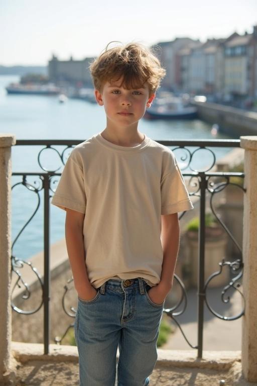 A young boy stands on a balcony wearing a large natural-colored T-shirt and blue jeans. He has short tousled light brown hair and looks at the viewer with an amorous expression. The scene is set in a sunny harbor in Normandy, creating a peaceful atmosphere.