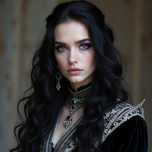 Portrait of a powerful witch named Yennefer, features include long curly raven hair, striking violet eyes, and a velvety black and white riding dress. The dress is adorned with an obsidian star pendant and silver jewelry. She exudes a mystical presence with graceful facial features.
