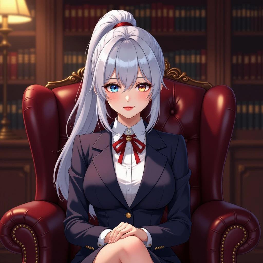 Digital art piece in anime style. Character presents Luna Ishikawa seated in a luxurious burgundy leather armchair. Background is a classical wooden library. Dramatic chiaroscuro lighting enhances the scene. Luna has fine silver hair in a high ponytail with bangs. Heterochromatic eyes: blue right eye, golden left eye. Soft expression with rosy blush. Wearing a revealing dark crimson mini dress with silk fabric. Paired with white thigh-high stockings. A black scarf with glowing runic patterns drapes around her neck. Opulent library features mahogany bookshelves and brass fittings.