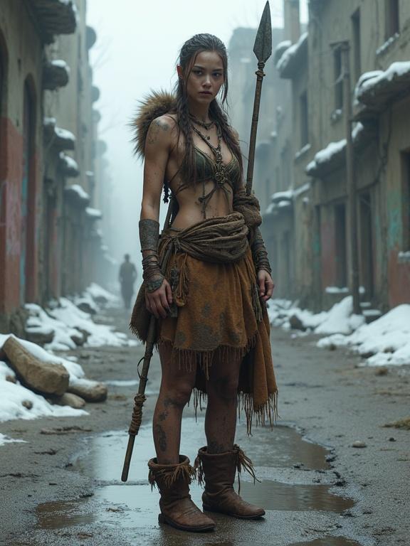 Photorealistic full-body portrait of a tall female huntress in neo-stone age clothing. She stands in urban ruins during winter. The environment is damp and overgrown. Strong focus on her determined expression and athletic build. Natural materials and survival-themed attire. Atmospheric conditions feature fog and cold light.