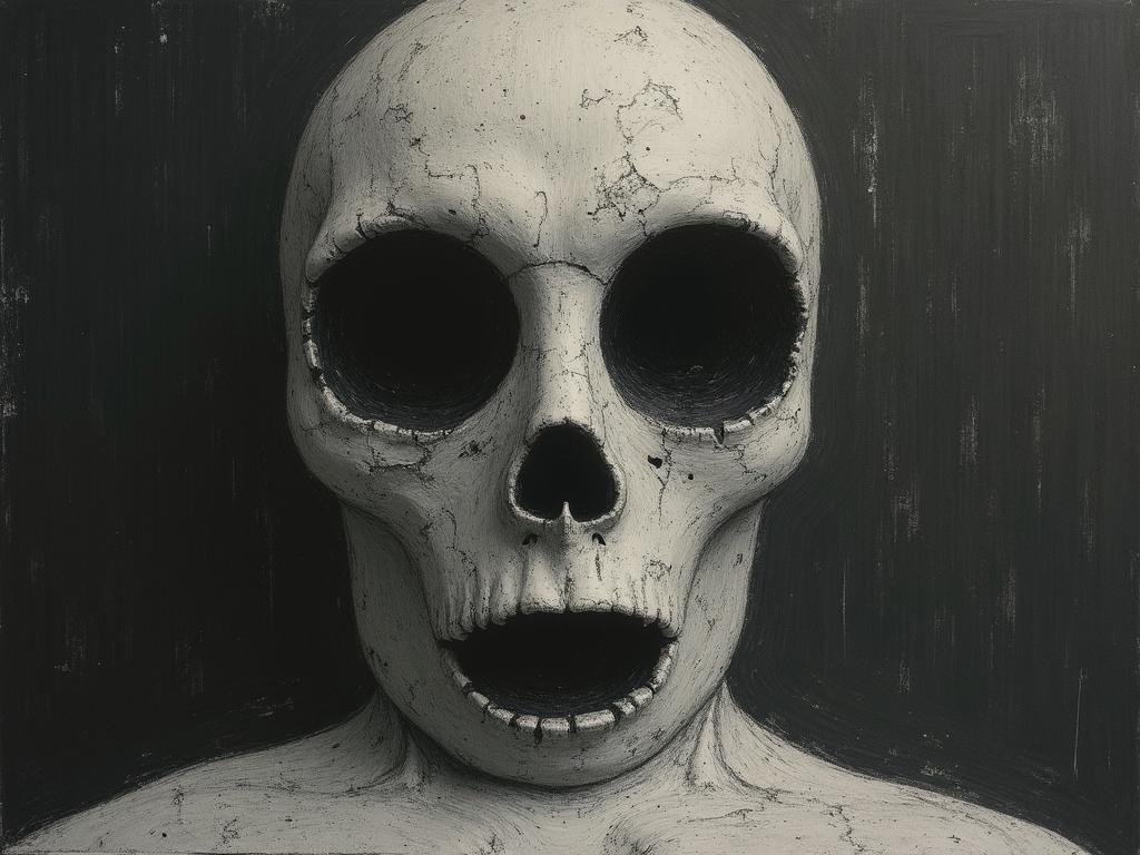Image evokes themes of grief loss sadness using skull in dark colors creating an optical illusion impression