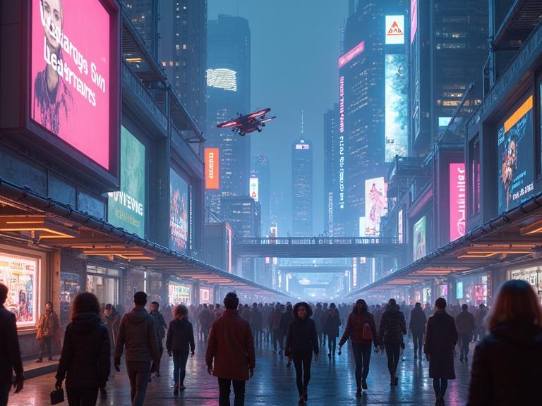 Neon cityscape at night with holographic billboards. Flying vehicles between skyscrapers. Diverse crowds with cybernetic enhancements on elevated walkways.