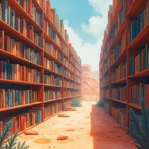 Library shelves in a desert. Heat haze distorting shelves. Book spines releasing watercolor pigments. Bright sunny day with a pathway.