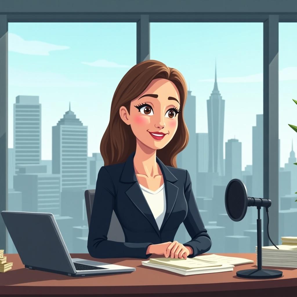 This animated image features a host sitting in a sleek modern office. The host is facing directly towards the viewer with an engaging and charismatic expression. Dressed in stylish business attire, she conveys professionalism. The office has wide windows that showcase a stunning skyline view of tall buildings. There is plenty of natural light that creates a bright and inspiring ambiance. On her desk are a high-quality microphone, a sleek laptop, and organized documents, enhancing the 'money-minded' vibe of the space. Subtle animations, like blinking eyes and slight head movements, add energy to the scene, indicating the host is ready to share valuable insights.