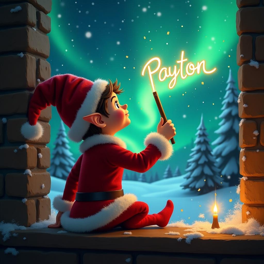 This image features a traditional elf sitting by a frosty window at the North Pole. The elf is dressed in a red suit with white trim, looking up at the stunning northern lights. In one hand, the elf is holding a magic wand that glows brightly, creating the name 'Payton' in sparkling, whimsical letters in the air. The surrounding landscape is snowy, with trees in the background, enhancing the magical Christmas atmosphere. Soft candlelight flickers nearby, adding a warm glow to the enchanting scene.