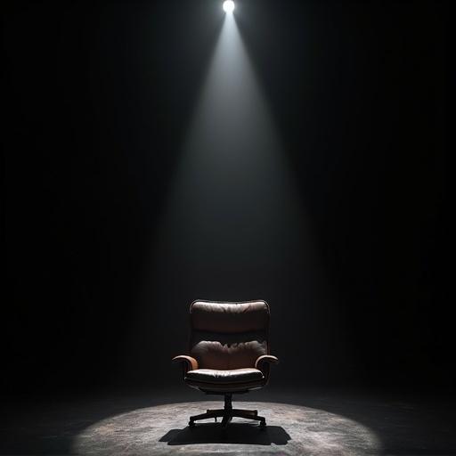 Ames chair from television show Mastermind in an empty black space with an overhead spotlight illuminating it