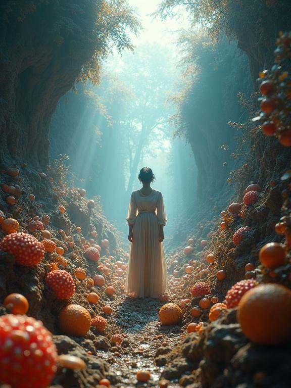 An abstract ethereal figure stands centered in a surreal environment overflowing with numerous small intricately detailed objects. The perspective evokes a dolly zoom effect. Soft cinematic light illuminates the scene casting long shadows. Light reflections create caustics patterns. Long exposure captures trails of light adding a dreamlike blur while maintaining detail on static objects. The color palette features bright saturated colors contrasting with deep shadows enhancing the ethereal mood. Textures are rich and varied.