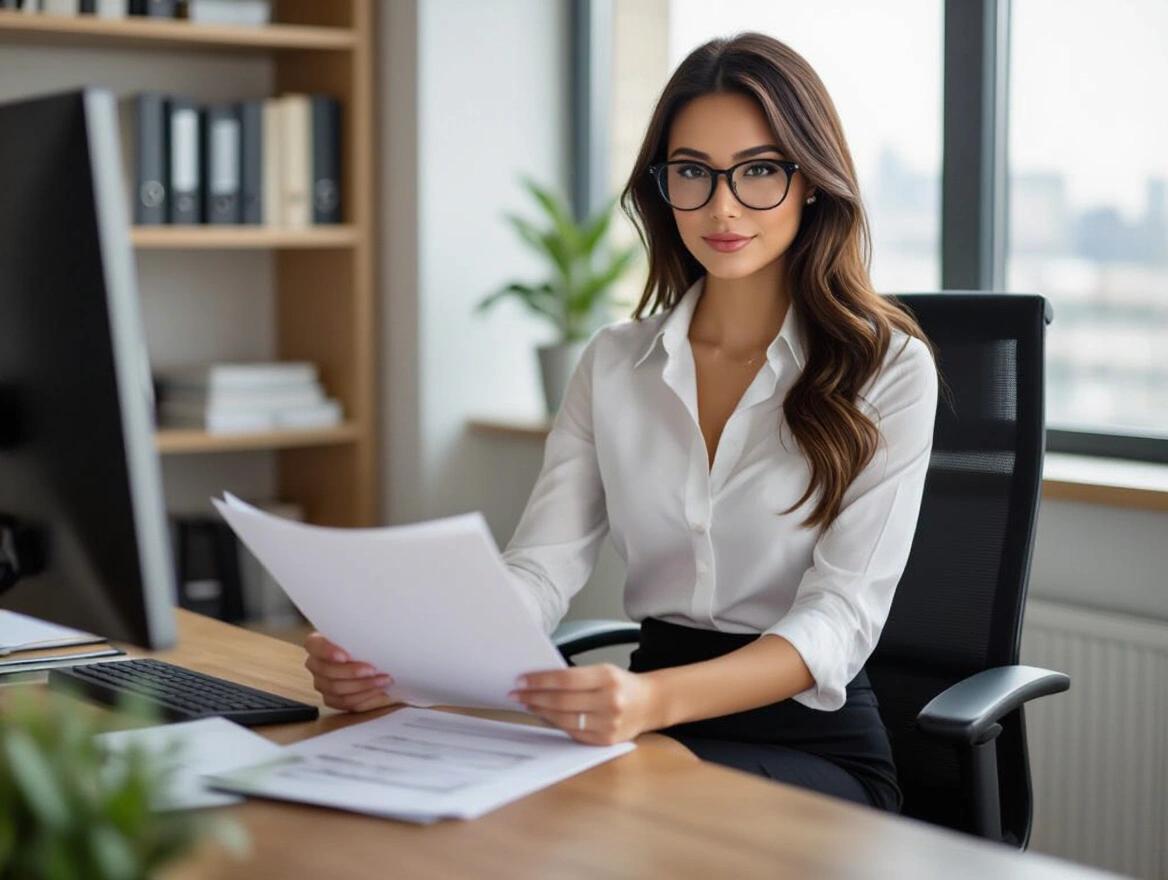 Image of a woman in an office environment. She has brunette hair and brown eyes. Wearing a white blouse and a short business skirt. Sitting in an office chair and focused on paperwork. The setting shows a bright and modern office space with a computer and plants.