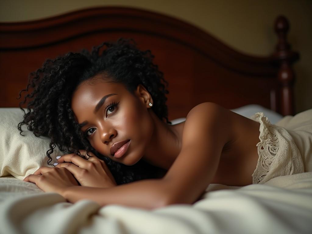 A woman lying in bed under a soft blanket, looking contemplative. Her skin is smooth and radiant, and she has curly hair. The atmosphere of the room is warm and inviting.