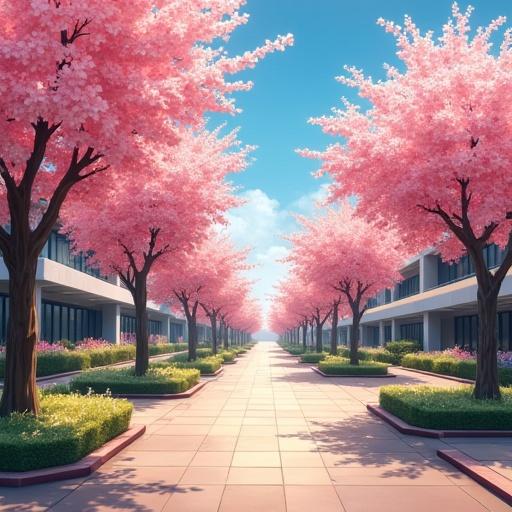 Anime style art depicting a summer morning scene outside a luxurious suburb with red cherry blossom trees lining a pathway. The setting is semi-futuristic featuring modern architecture and hi-tech elements.