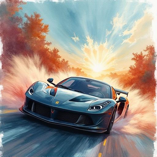 Cars racing in a vibrant sunset scene. Watercolor technique applied for artistic effect. Fast-paced car chase displayed. Colorful background accents the speeding vehicle.