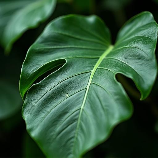 Close-up of a Monstera albo leaf featuring an engraving on its surface