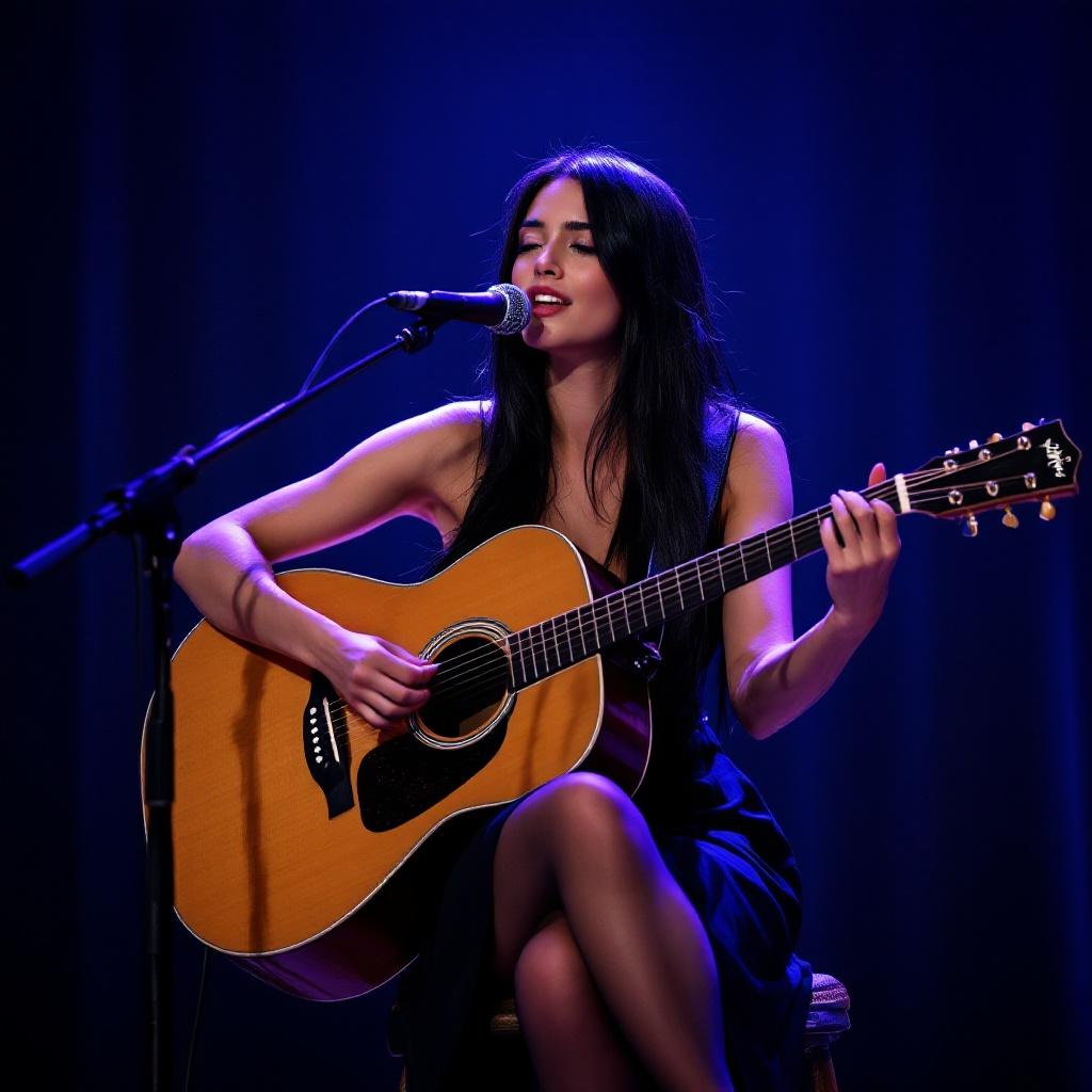 Beautiful Australian woman playing acoustic guitar on stage stool. Singing into microphone with long straight black hair. Soft natural makeup and stylish black dress with sheer stockings. Intimate atmosphere with blue lighting.