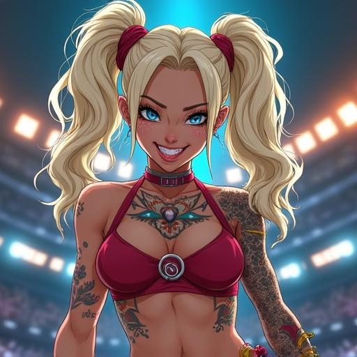 Anime-style character in a luxurious martial arts arena. Woman with extremely large light blonde curly pigtails. She has frosting blue eyes and wears a modern capoeira outfit. Features Japanese tattoos and piercing decor. Character presents a psychotic grin and muscular physique. Night scene in Las Vegas with colorful arena lights.