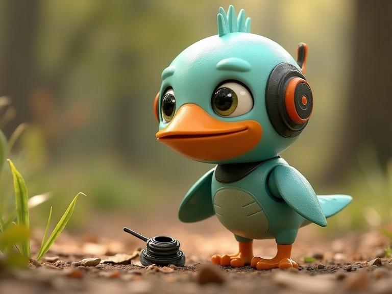 3D animated scene featuring a cute robot bird in an outdoor forest setting. The bird looks confused while observing a spare part on the ground. It has colorful features and a friendly expression.