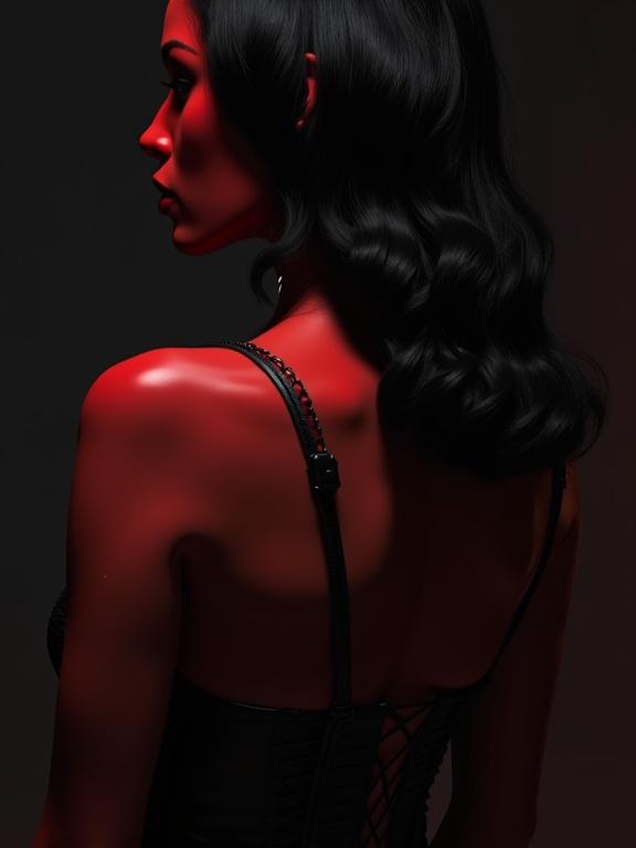 Close-up of a Gothic woman's body with a dark red silhouette and elegantly styled black hair. Scene captures the essence of film noir with high contrast lighting.
