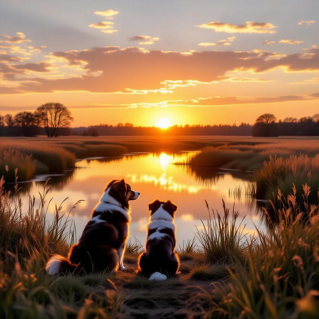 Landscape scene with sunset. Two dogs are sitting side by side. They are watching the sunset. The atmosphere is nostalgic and serene. The landscape includes grass and a peaceful water body. The lighting is warm and captivating.