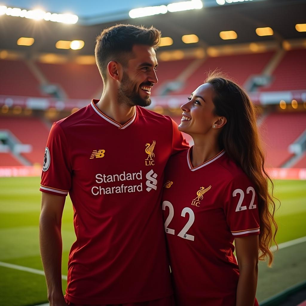 A young man and woman stand in a stadium wearing Liverpool Football Club jerseys. The man wears jersey number 03, the woman wears jersey number 22. They smile at each other. The stadium glows with warm orange lights. Their expressions show sport spirit and togetherness focusing on football fandom.