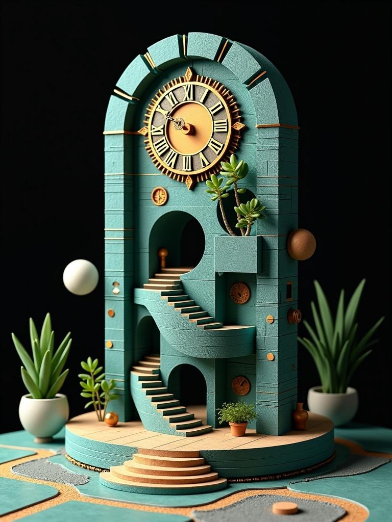 Create an isometric scene of a building resembling an Incan clocktower. Incorporate Escher's style with impossible geometries and interconnected elements. Include small green succulents stairs arches and pathways that defy physics. Use silver turquoise and gold colors against a black background. Feature a sculpted mechanical clock as the centerpiece.