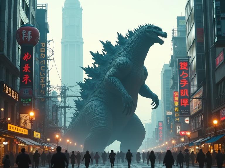 Cinematic image of a giant Godzilla in an Asian cityscape. A 350 ft tall brownish red Godzilla with dark blue dorsal plates towers over buildings. The city features tall reflective buildings and bright lights. A sunny day with people running in panic on the streets. Traffic and stores are visible. High realism with detailed textures and shadows.