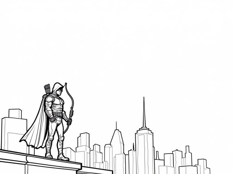 Coloring page for kids with black outlines. Character Green Arrow stands on a rooftop. Background features Starling City. He holds a compound bow.