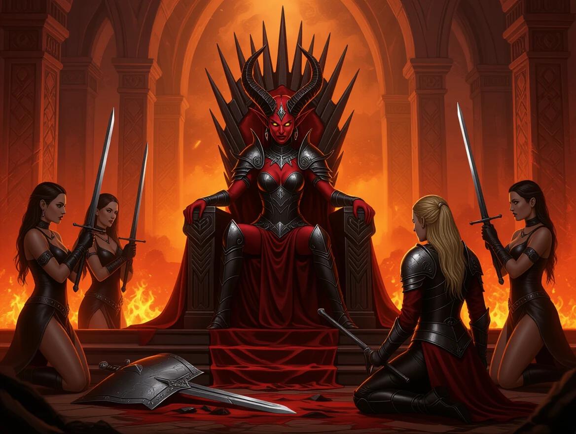 Demon Queen sits on a throne in a fiery room. She has red and black skin with golden eyes. Blond female Paladin kneels with her broken sword and shield. Women in leather perform a ritual with reverence.