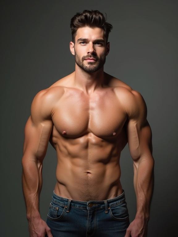 Very young 18 year old shirtless male model with muscular physique. Bodybuilder style with defined muscles. Beardless and handsome features.