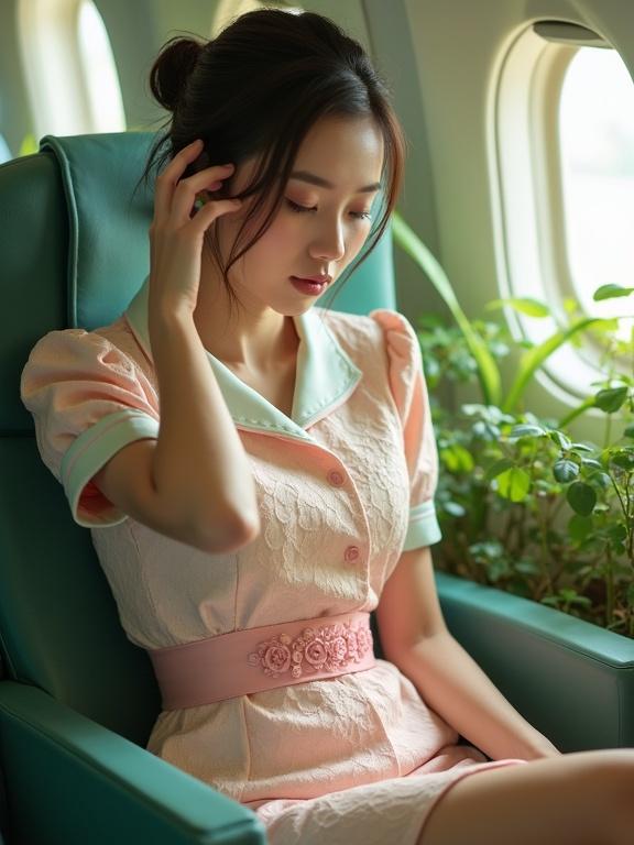 Full body image of a young Chinese lady in a pastel stewardess outfit. She is sitting in a well-lit plane chair with greenery around. Outfit features lace in pink, cream, and mint green. Hair is tied. High heels and pale pantyhose complement her look. Soft indoor light highlights details. Vintage feel evident.