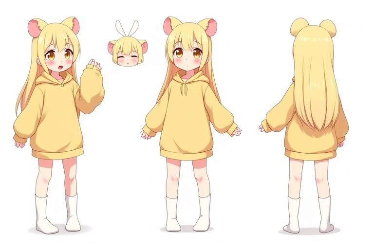 Character sheet of a young adult female in anime style. Features long pastel yellow hair with animal ears. Calm personality with playful nature. Wears a loose pastel yellow hoodie dress and thigh-high white socks. Includes multiple facial expressions and poses. Detailed design with a clean white background.
