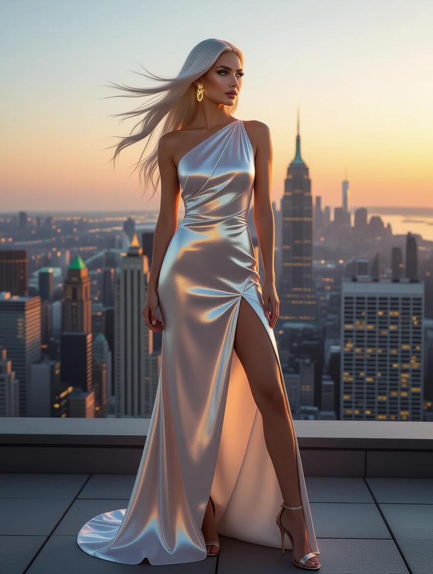 Gorgeous modern elf woman stands on a high-rise rooftop at sunset. She overlooks a glowing city skyline. She wears a sleek iridescent silk dress with an asymmetrical cut. Dress hugs her figure revealing one shoulder and a stylish leg slit. Long platinum hair is swept by the wind. City lights sparkle below. Soft golden hour light bathes her face. Masterpiece urban fantasy