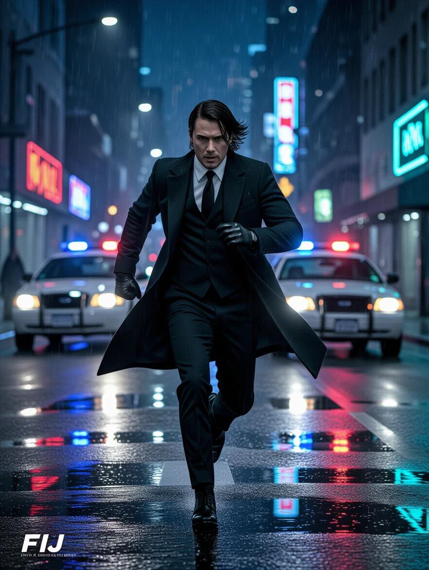 Hyper-realistic cinematic action scene of a man in a sharp suit running through a rainy city street at night chased by police with flashing sirens. Black leather gloves, long coat flowing behind him. Intense expression, determined lunge. Hair blown back by wind. Fisheye lens angle, extreme close-up of gloved hand, blending into wide street scene. Neon signs, wet asphalt reflections, motion blur for drama. Photorealistic style with dynamic lighting and energy.