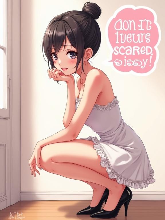 An anime-style young woman poses indoors in a squat. She wears a frilly short white dress and black heels. Her dark hair is in a bun with curls around her face. One hand under her chin. Playful smile. Simple background with a white wall and wooden floor. Pink bubble text overlay reads 'Don't be scared, sissy!'. Soft pastel tones and gentle lighting are used in the artwork.