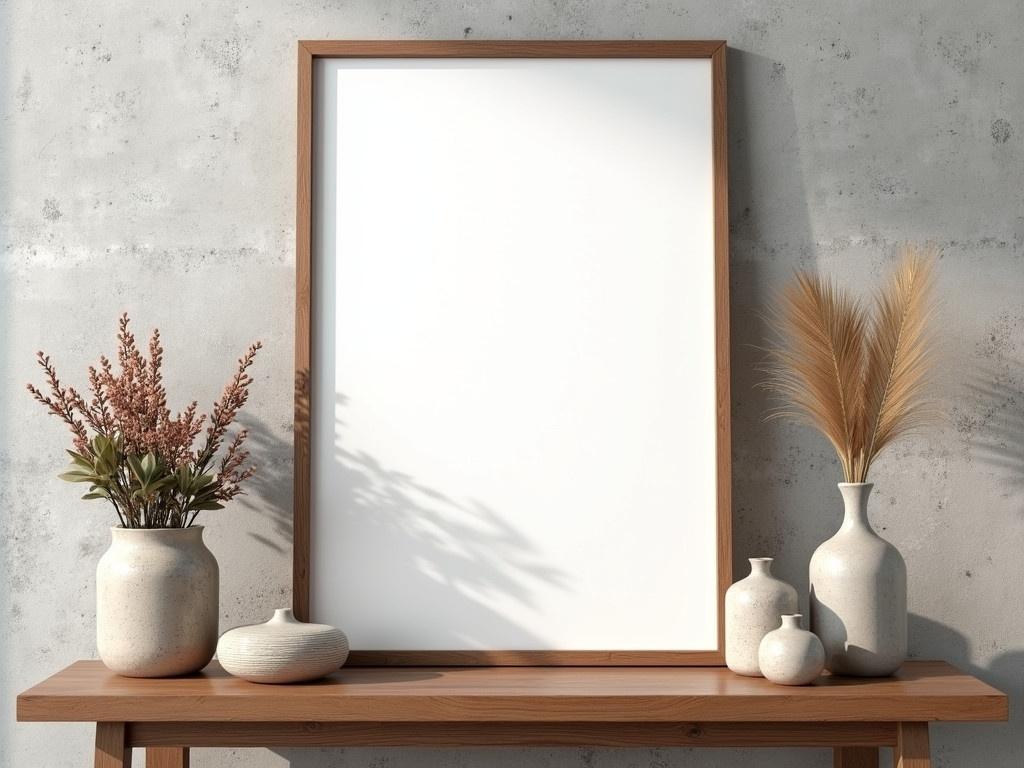 The image displays a direct view of a mock-up frame against a textured concrete wall. In front of the frame, there is a stylish wooden table featuring a chic floral arrangement in a simple container. The surrounding decor includes various vases and artifacts with a blend of modern and rustic styles. The scene is well-lit, creating a warm and inviting atmosphere. The wooden texture of the furniture contrasts beautifully with the smoothness of the frame. This setup emphasizes a minimalist aesthetic, perfect for showcasing artwork or photographs.