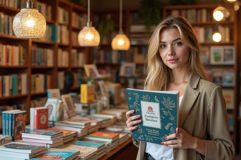 A vibrant bookstore in Spain filled with books on display. The shop has attractive decorations. A young woman in a stylish outfit is holding a book featuring a logo.