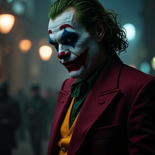 Elon Musk portrayed as the Joker from Batman. Hyper-realistic details in a dark atmosphere. Vivid character expression and dramatic lighting.