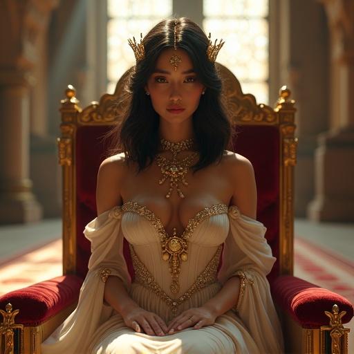 Highly detailed image of a goddess-like figure seated on an ornate throne in a grand medieval palace. The subject features a flowing gown with jewel embellishments and a radiant crown. The background includes gothic windows and warm, ambient lighting.