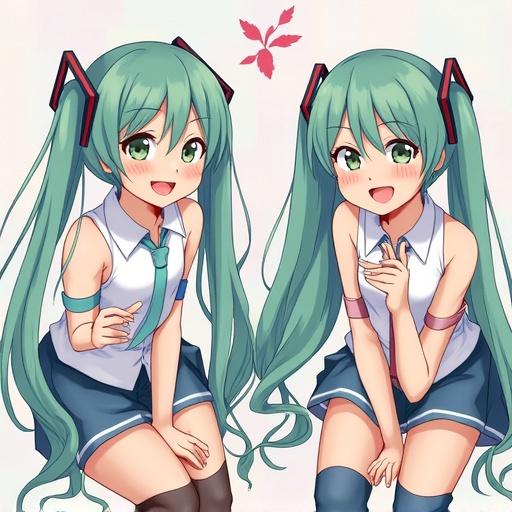 Anime characters with turquoise hair smile happily wearing school uniforms. They have long twin tails and are in a playful pose.