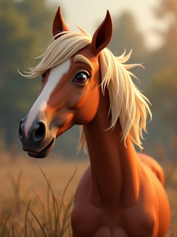 Disney parody featuring a confident male horse with a cocky expression. Horse has blonde mane and is showing off its features. Background has soft focus with natural elements.