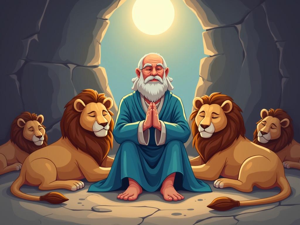 In an ancient Babylonian setting, this cartoon illustration features a serene old man, Daniel, dressed in blue robes, sitting calmly in the Lions' den. From an elevated, high-angle perspective, we see him with his hands clasped in prayer, showcasing a sense of peace. The cartoon lions lie around him, their eyes closed in tranquility, embodying a unique bond between man and beast. Soft moonlight filters through a crack above, casting gentle illumination on the scene. Abstract patterns enhance the artistic feel of the setting, creating a dreamlike atmosphere.