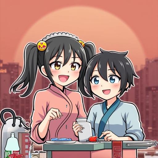 Two anime girls smiling together at sunset. One has pigtails with hair accessories. The other has short hair. A cityscape is in the background.