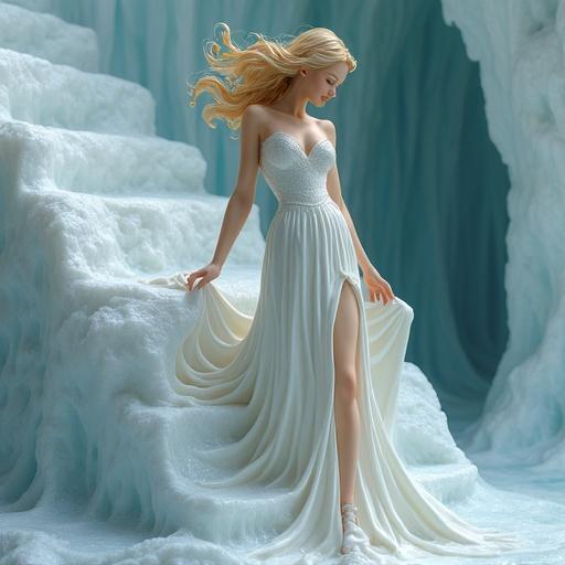 Collectible resin figurine of a blonde enchantress. She climbs an ice staircase with sensuality. Her dress has a sky-high slit exposing one leg. The sweetheart neckline enhances her shape. Fabric shimmers like liquid. Left hand on icy railing, right hand on hip in a provocative pose. Dress billows with a train on the steps.