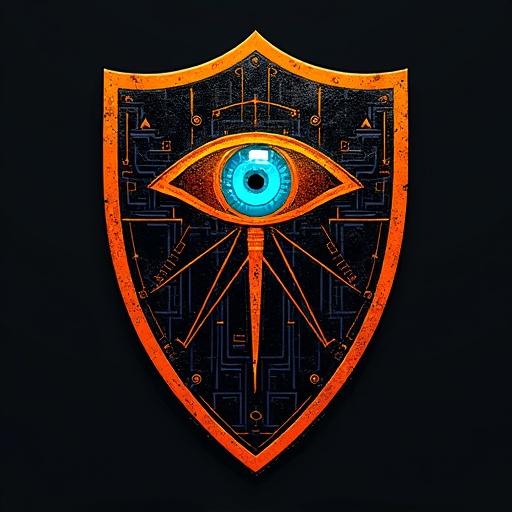 Modern emblem featuring hollow eye inspired by Eye of Horus Integrated with circuit-board iris Design symbolizes surveillance and authority. Sandstone and neon aesthetic with geometric lines and glowing patterns. Encrypted motto below reads Order in the Ashes in glyph-like font. Shield outline is hexagonal representing durability. Color scheme includes burnt orange neon blue and black. Features subtle binary code border and sand-scratched texture for aged look.
