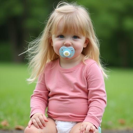 A 4-year-old girl with long blonde hair is in a park. She wears a pink shirt and diapers. A pacifier is in her mouth. She looks directly at the camera.
