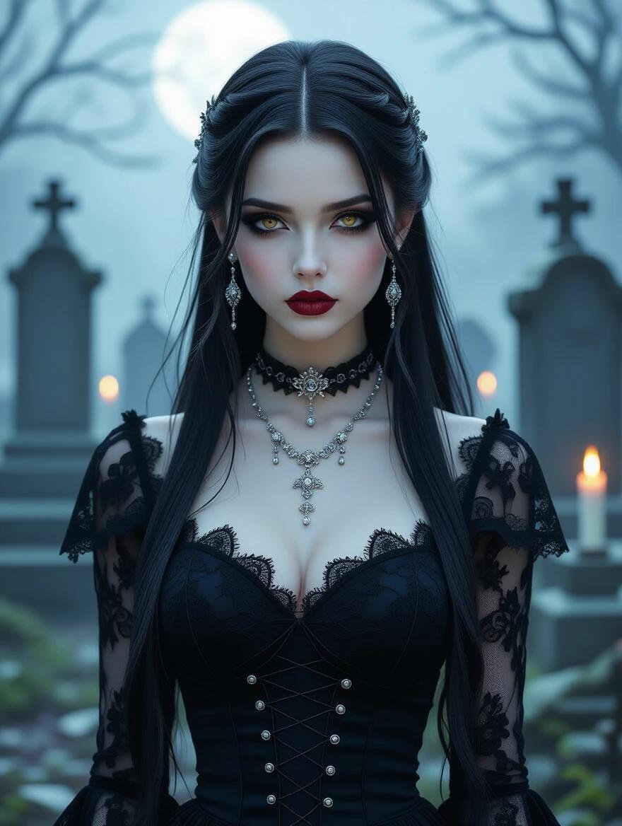Beautiful gothic girl with long dark hair and pale skin standing in a misty graveyard. She wears a black lace dress and silver jewelry. Background features tall tombstones and glowing candles. Dramatic moonlit lighting creates a dark fantasy atmosphere.