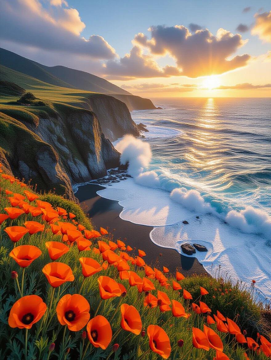 Stunning landscape of California poppies on a cliff. Photo showcases a vivid sunset over a turbulent ocean. Large waves crash onto a black sand beach. Volumetric lighting illuminates the scene. Hyper-detailed whitewater adds drama. Lush green hills and abstract elements enhance composition.