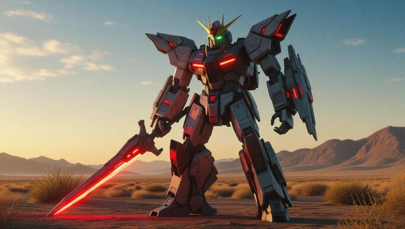 Mech design standing in desert environment with a power sword energizing the scene