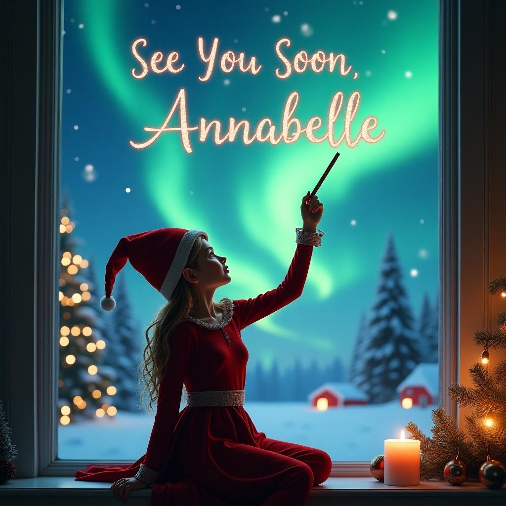 Female elf on the shelf faces the magical sky. She writes in the sky using a wand. Background features northern lights. Christmas scene includes Santa and written message. Magical ambiance created.