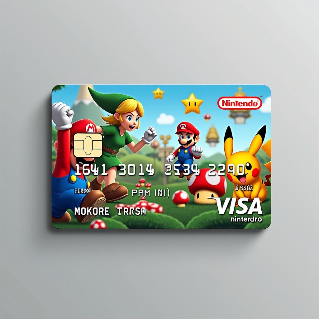 Custom credit card design with Nintendo theme. Incorporate iconic characters including Mario, Link, and Pikachu. Use symbols such as mushrooms and Poké Balls. Employ vibrant colors reminiscent of Nintendo games. Design should be sleek and modern with minimalistic layout. Display cardholder's first name and expiration date prominently. Hide other details for a clean design. Ensure visual appeal while maintaining professionalism.