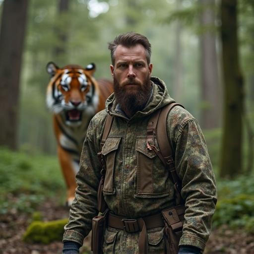 A man dressed in a hunting outfit stands facing the camera in a dense green forest. A huge tiger appears behind him, standing and growling.