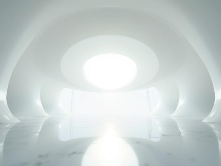 A vast and sleek white interior resembling a UFO. Dominant smooth dome ceiling showcases a central bright opening. The light creates reflections on the glossy floor surface. Shadows are subtly cast by the structure.